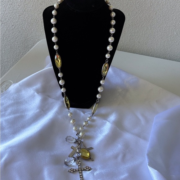 Fashion Long Necklace Pearls Crystals Rhinestone Cross Silver Chunky - Picture 2 of 5